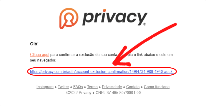 Link para excluir conta Privacy